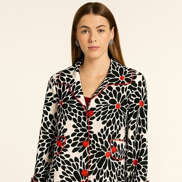 Jennifer Reale Design Long black Red Floral Retro Fabric Blazer Jacket Small - Picture 9 of 9